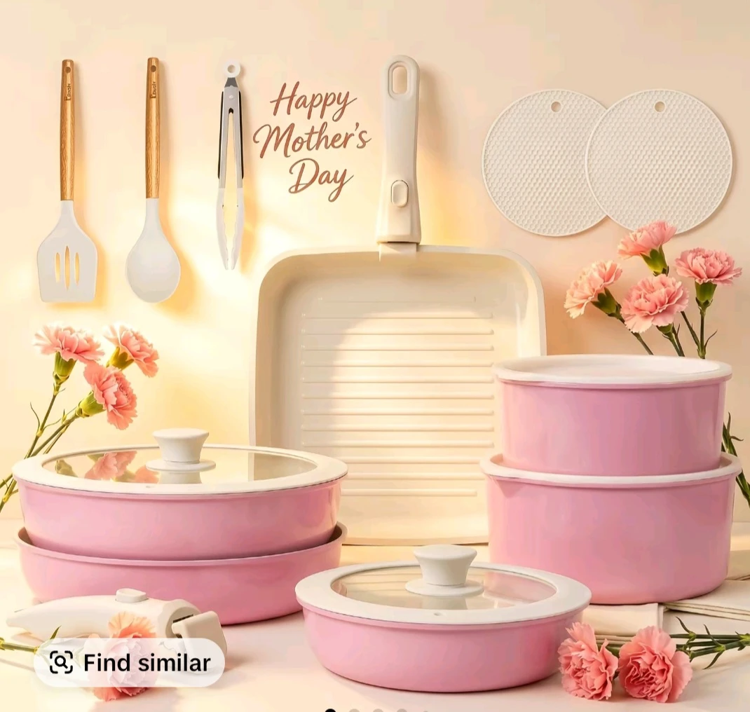 Pink Ceramic Cookware Set with Grill Pan and Utensils - photo 2