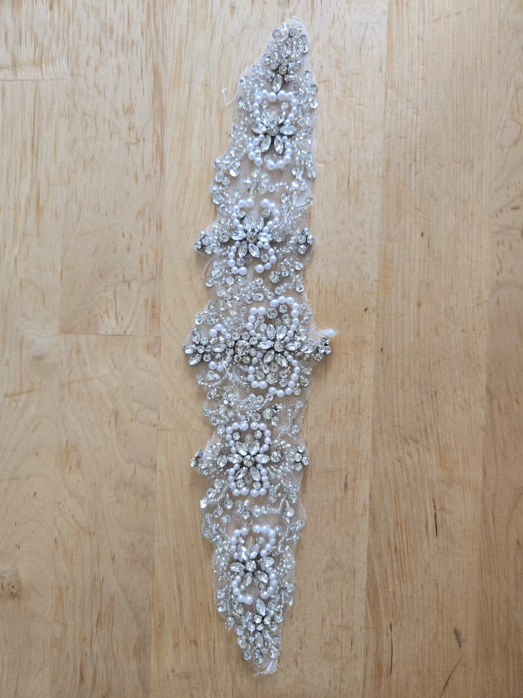 Beaded Lace Applique Trim - Rhinestone & Pearl Embellishment