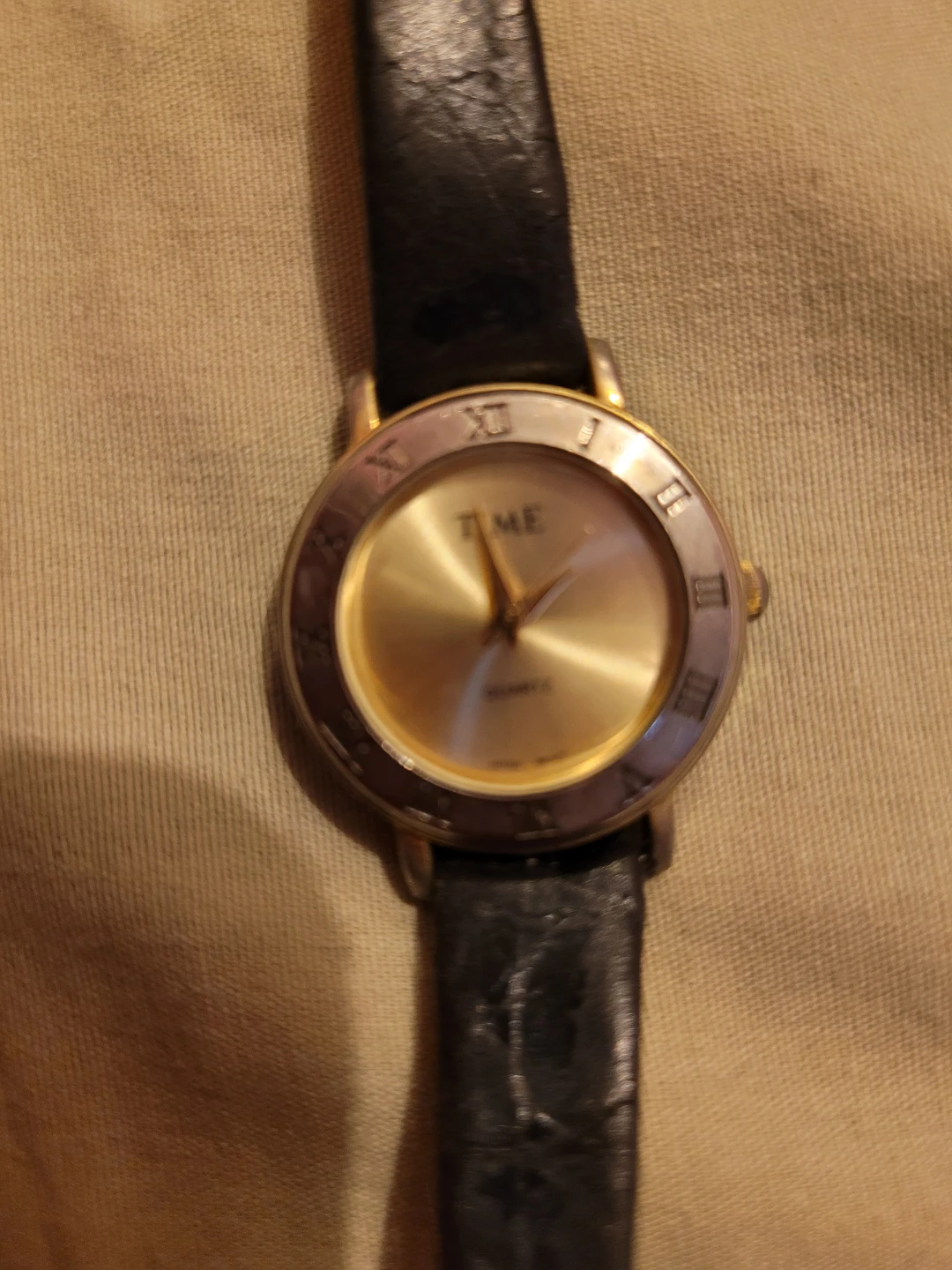 Time Quartz Watch - Gold Tone Face, Black Leather Strap - photo 2