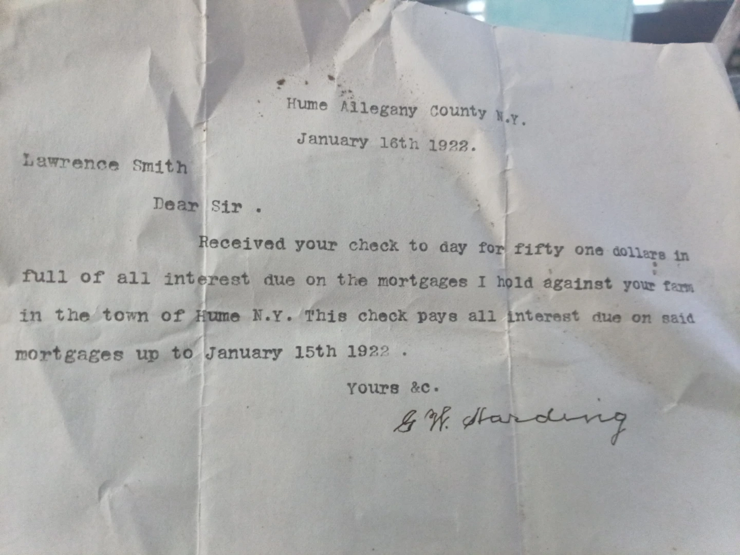 Mortgage Interest Receipt - January 16th 1922