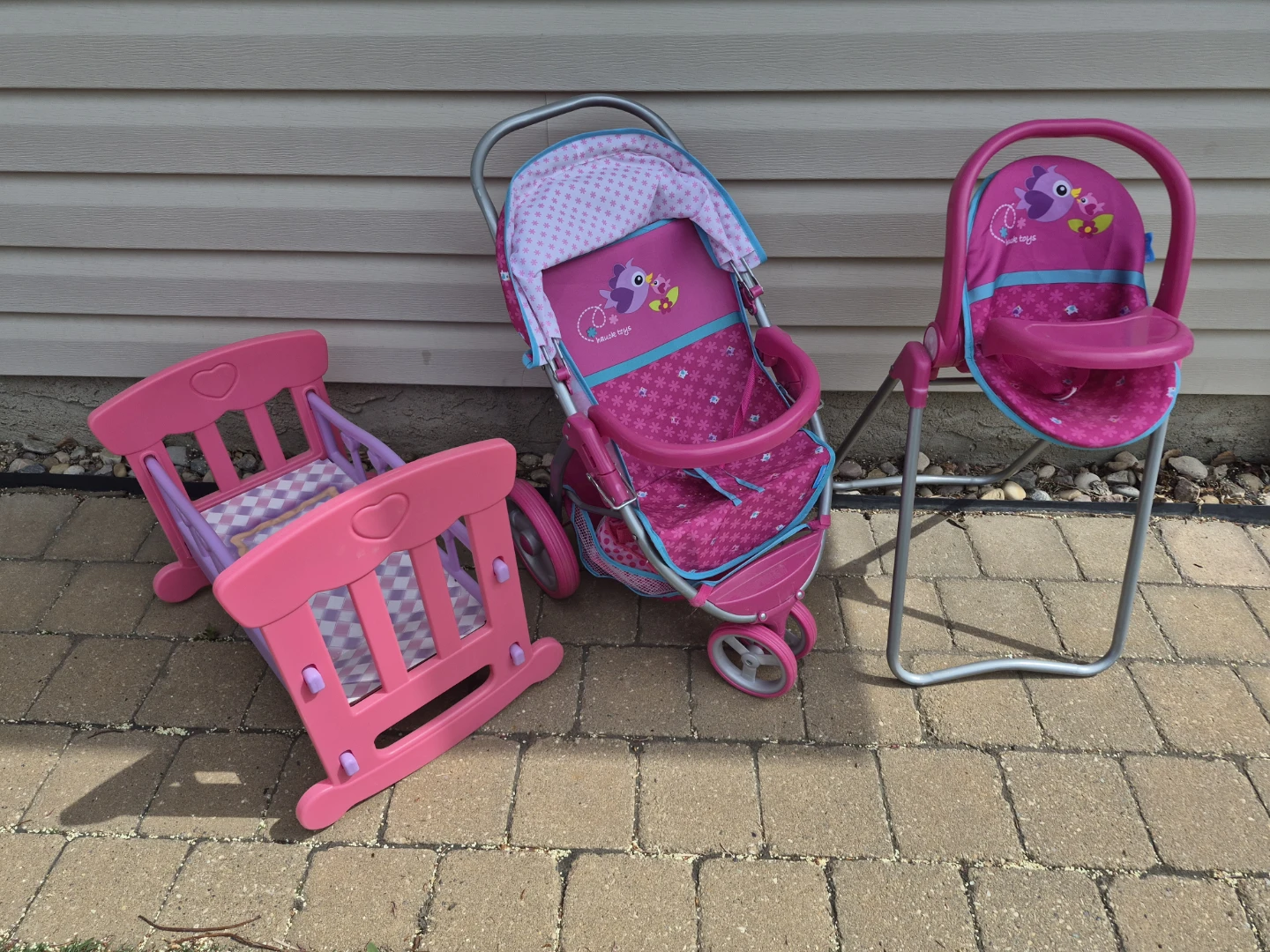 Doll stroller, crib and high chair set