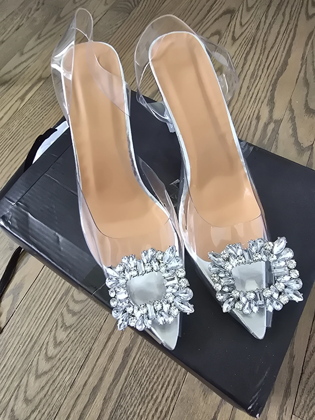 Clear Square Toe Heels with Crystal Embellishment