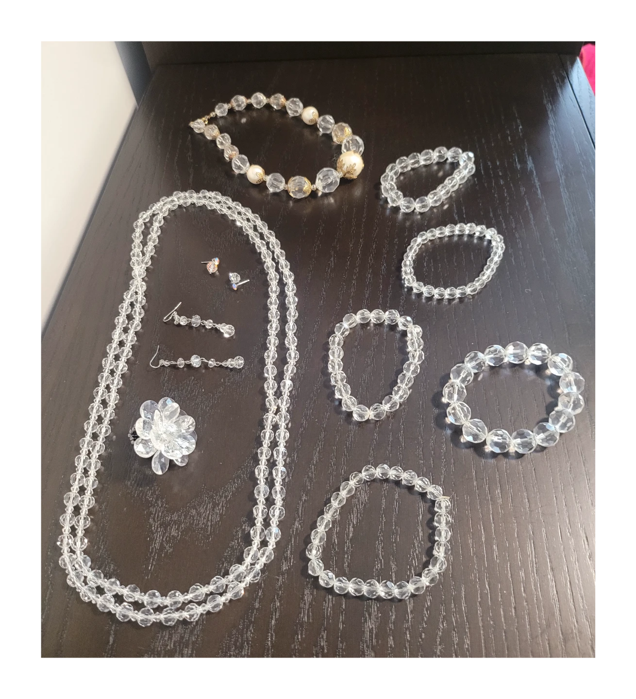 Clear Beaded Necklace Bracelet Set with Earrings and Ring
