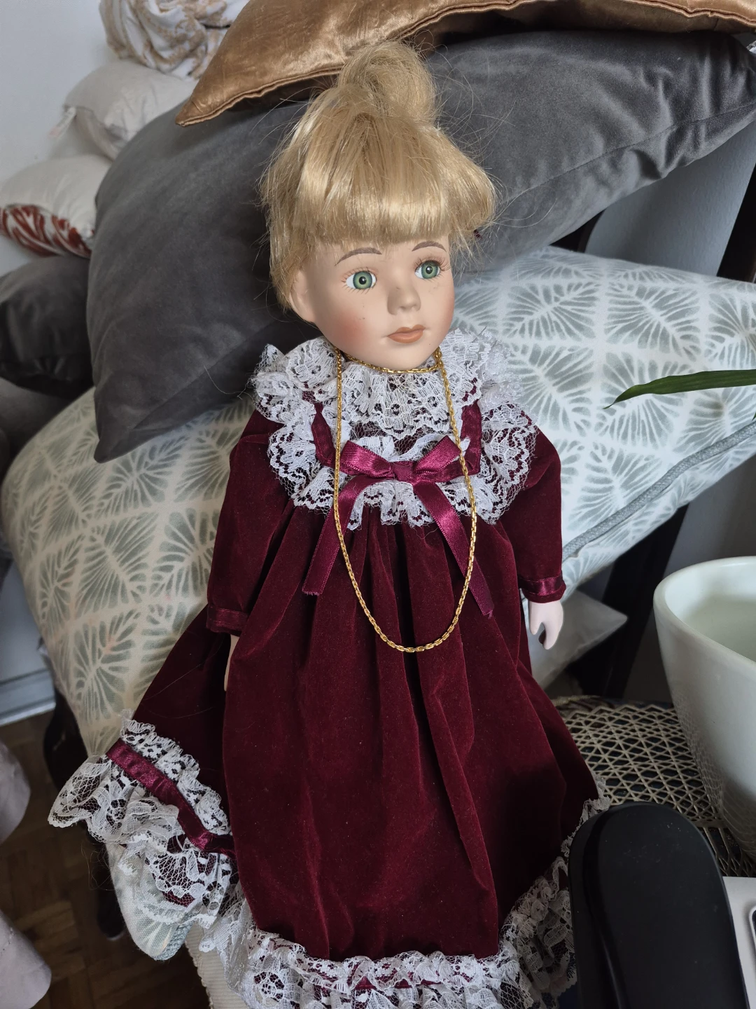 Vintage Collectible Doll with Burgundy Dress - photo 2