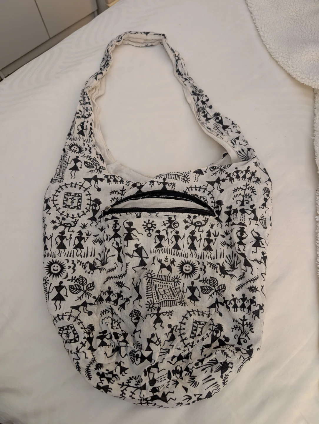 White and Black Patterned Hobo Bag