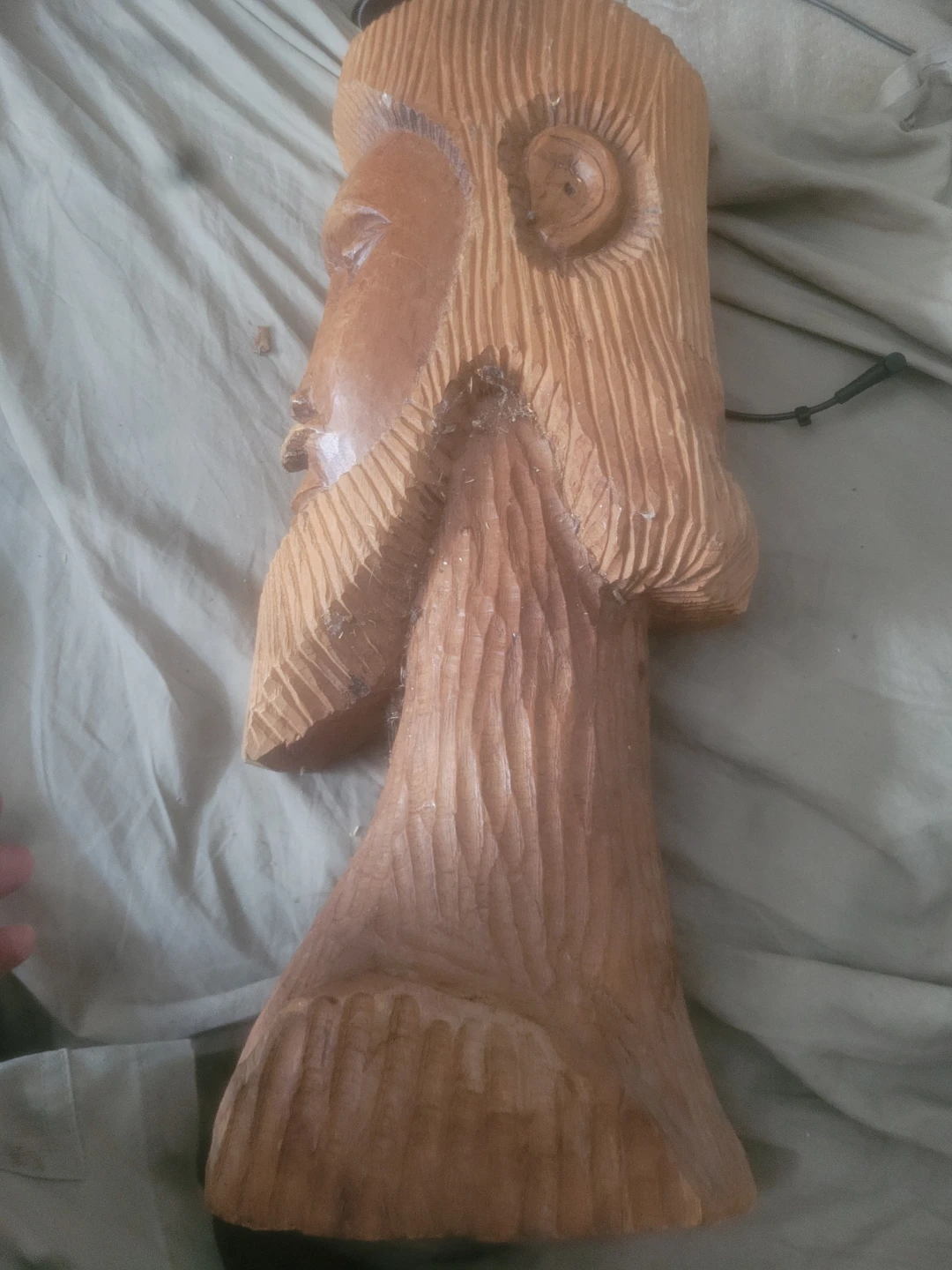 Hand Carved Wooden Sculpture of a Face - photo 4
