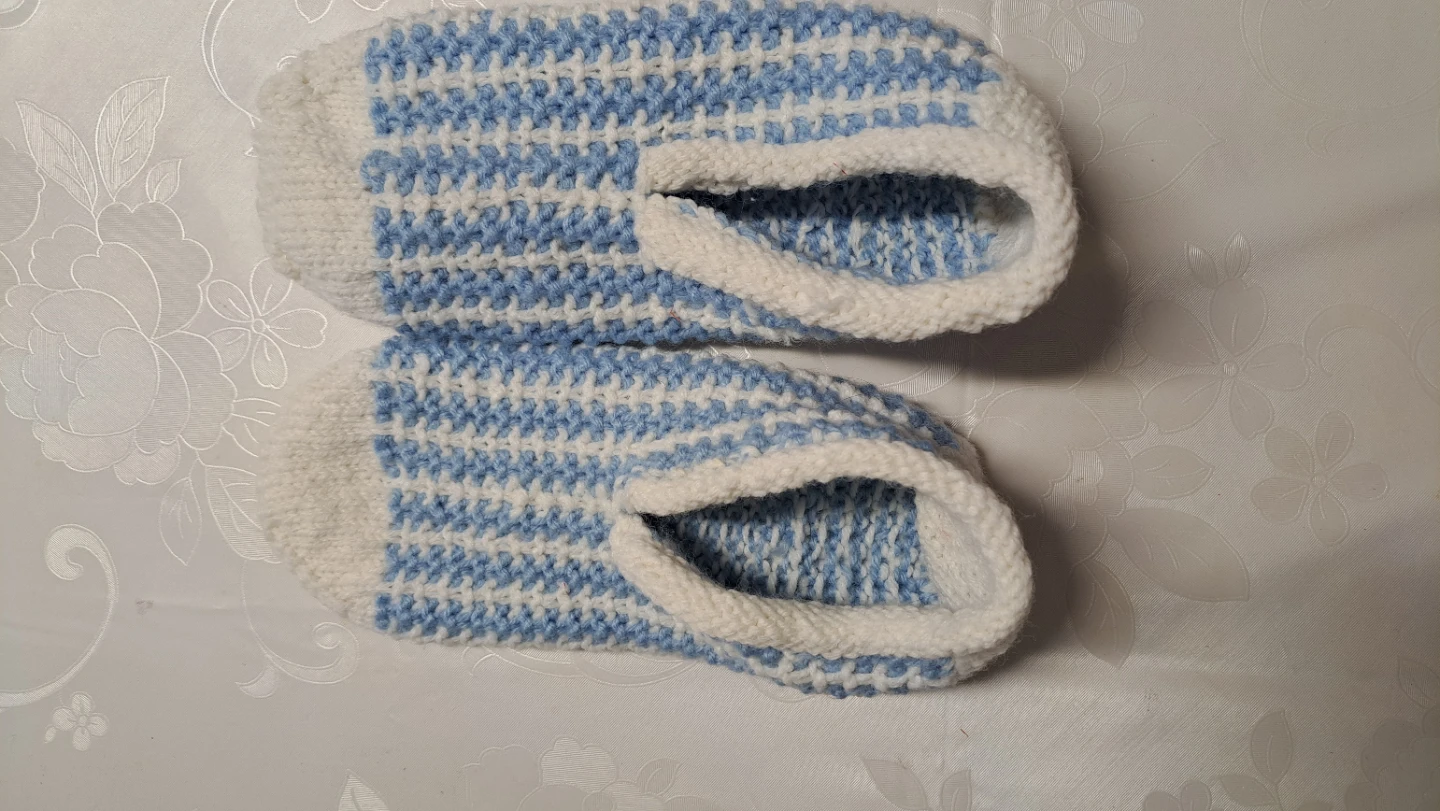 Hand-knitted Slippers - White and Blue