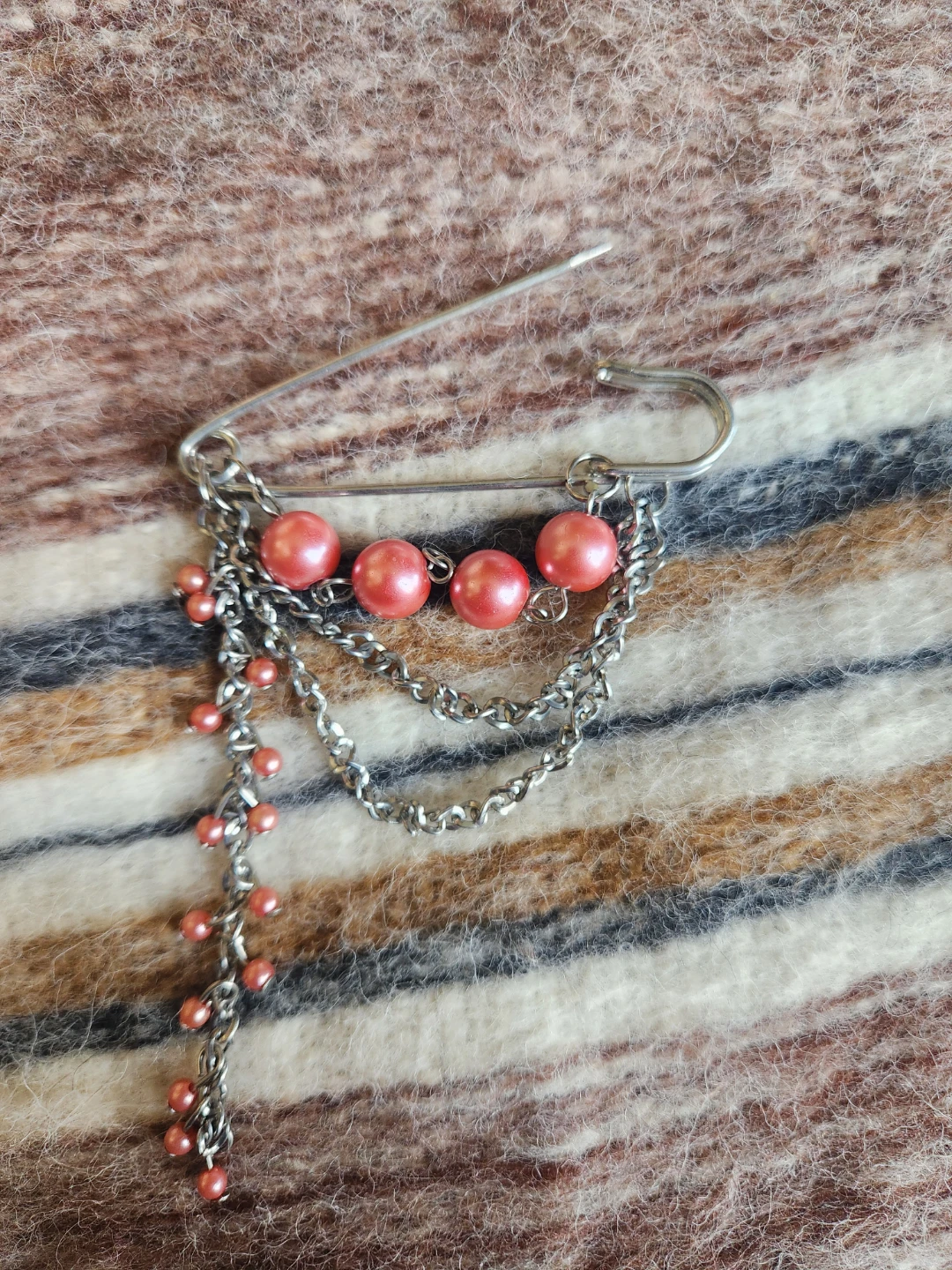 Silver Safety Pin Brooch with Pink Beads and Chains