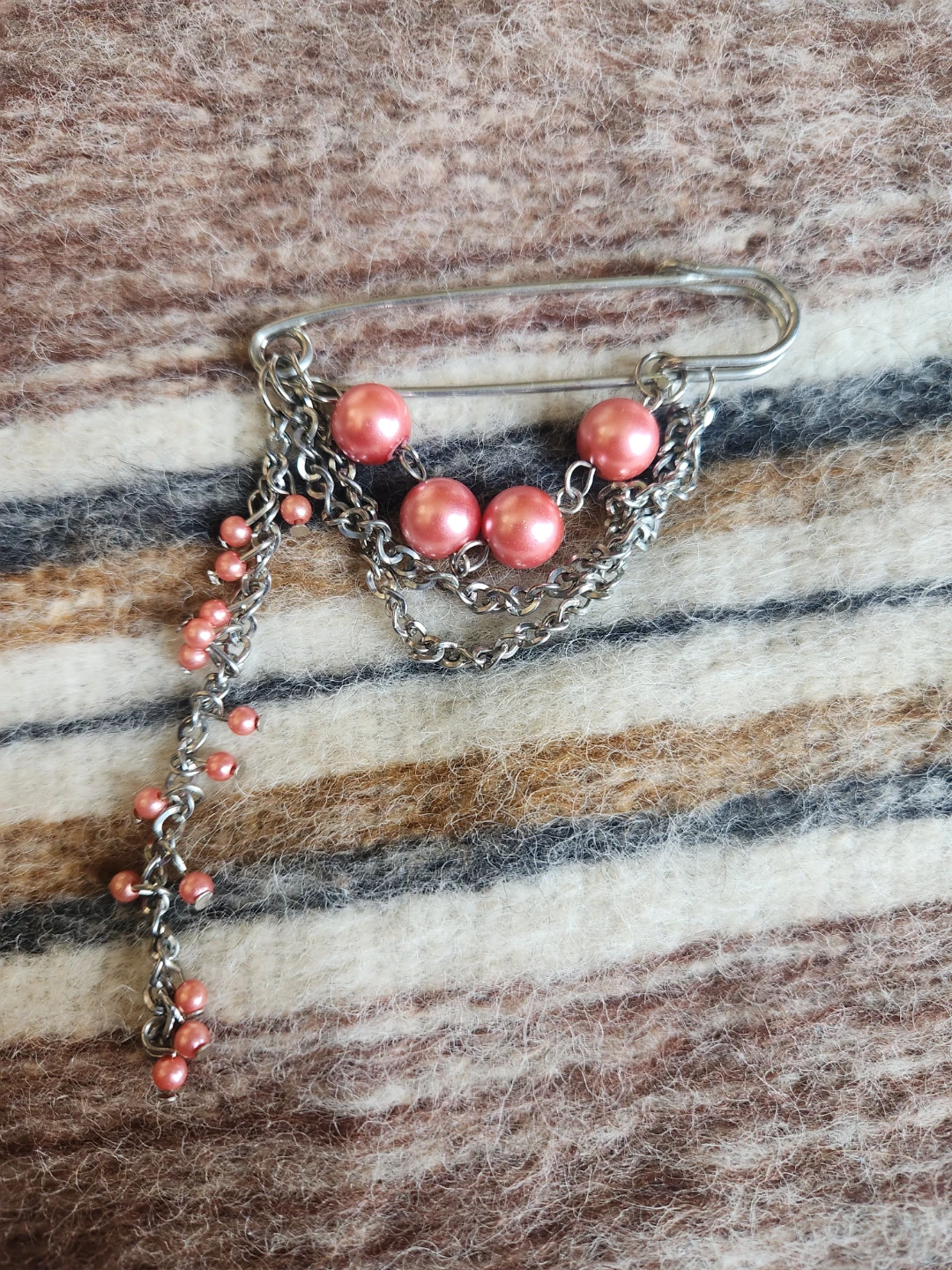 Silver Safety Pin Brooch with Pink Beads and Chains - photo 2