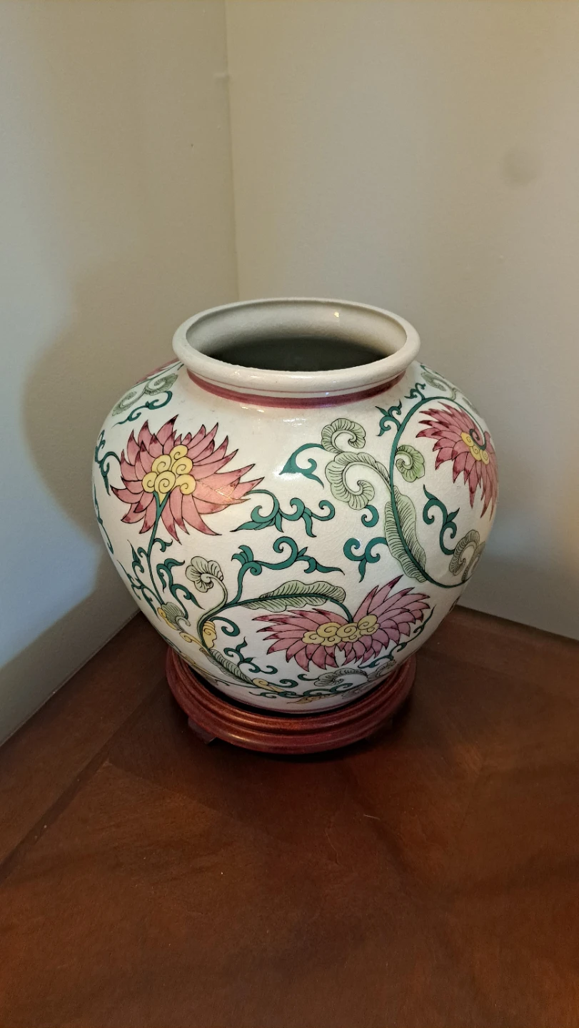 Large Ceramic Vase with Floral Design and Wooden Stand
