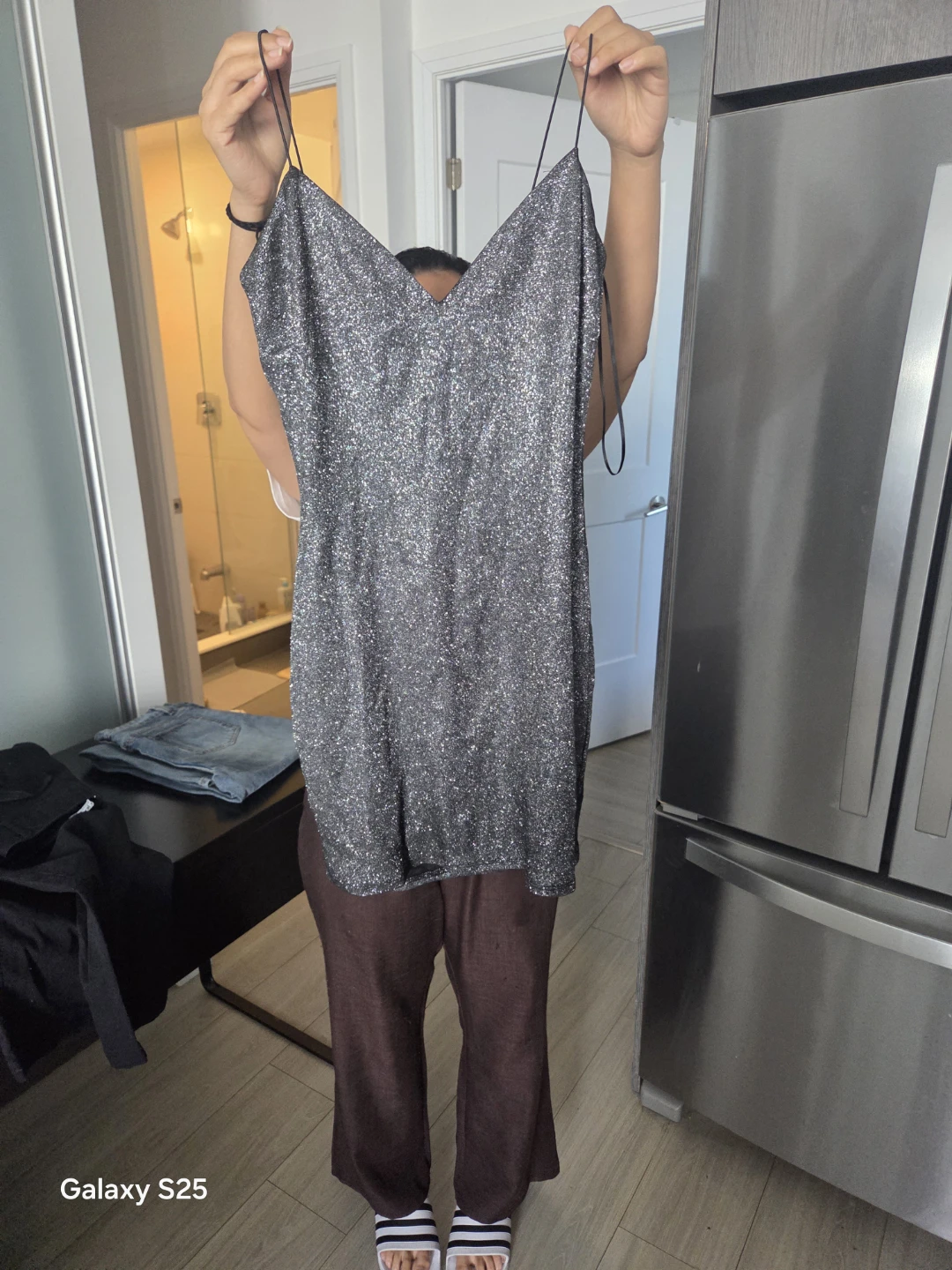 Sparkly Silver Spaghetti Strap Mini Dress
