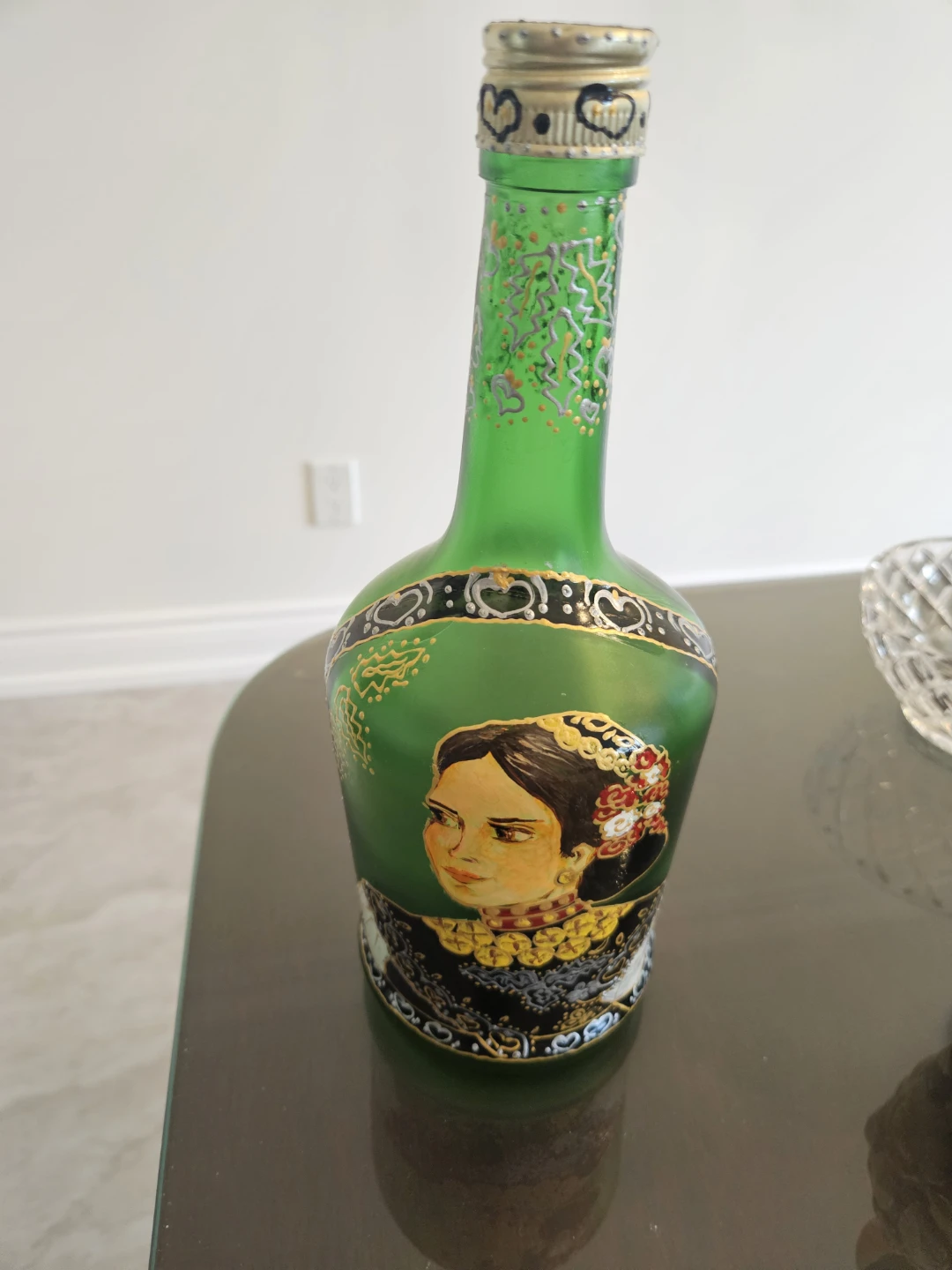 Decorative Green Glass Bottle with Portrait
