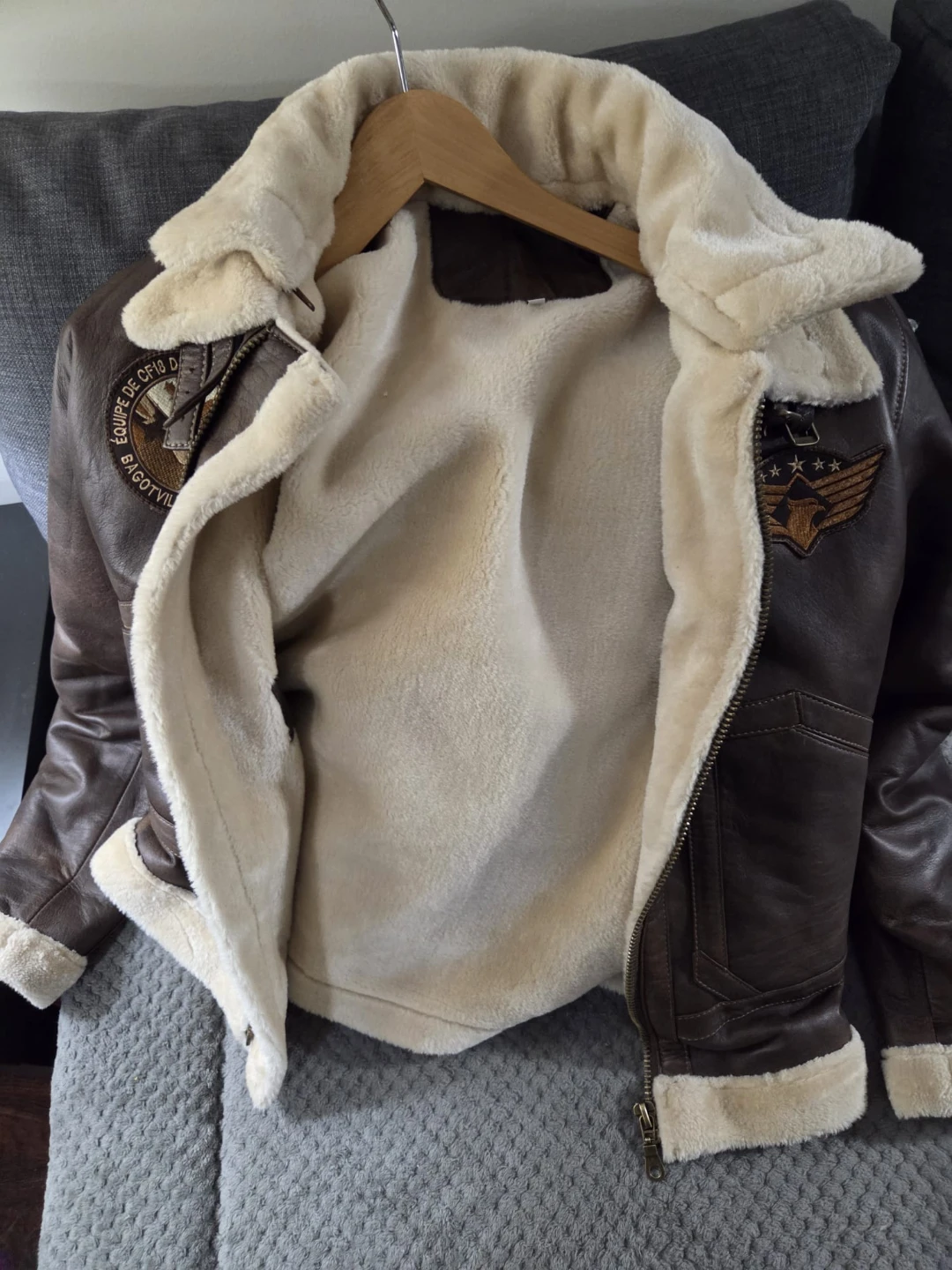 Brown Faux Leather Bomber Jacket with Shearling Collar - photo 4