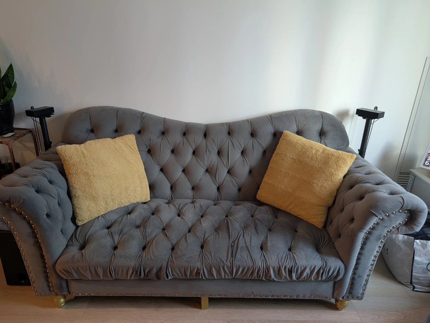 Grey Tufted Chesterfield Sofa with Gold Accents