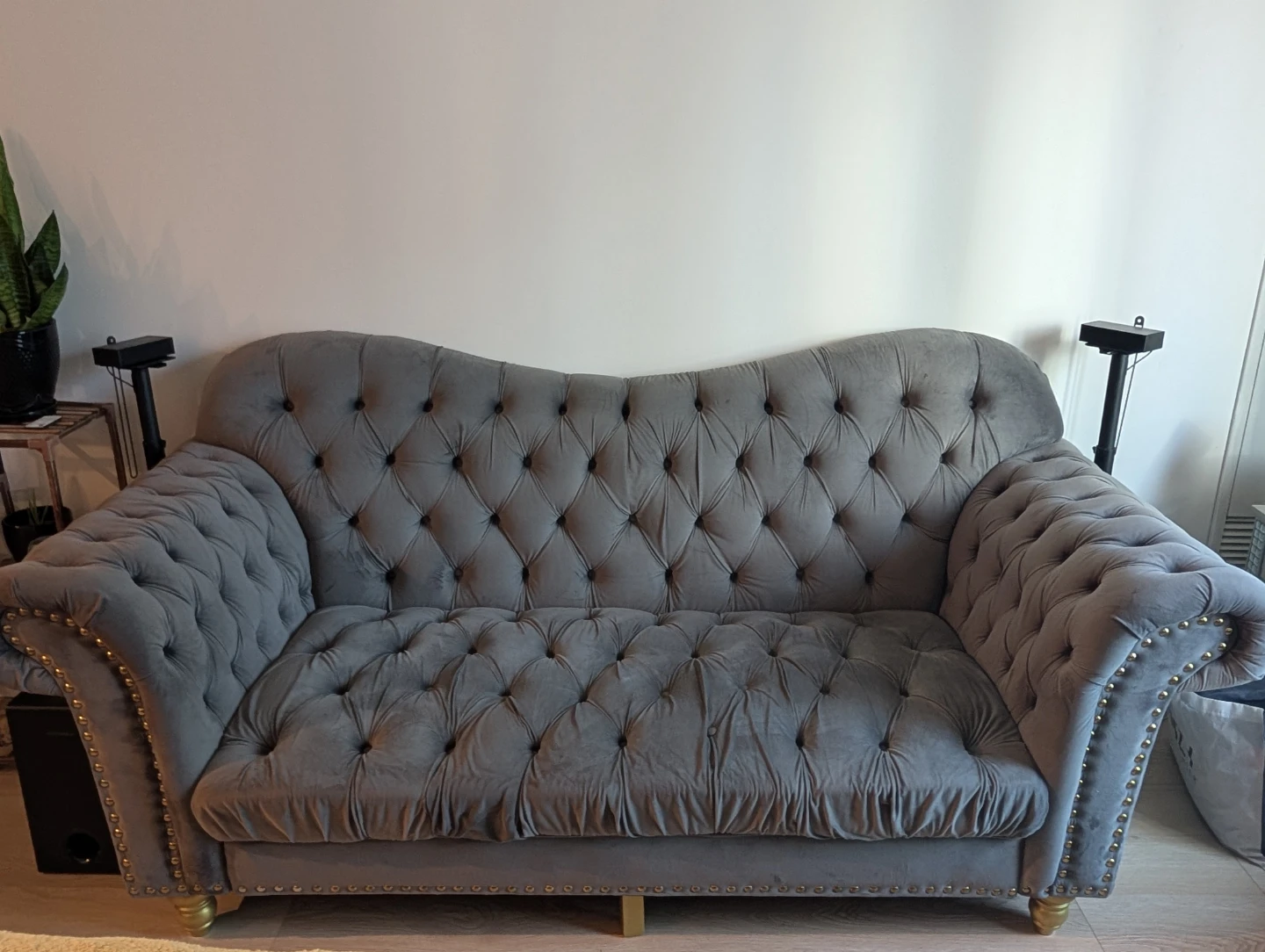 Grey Tufted Chesterfield Sofa with Gold Accents - photo 2