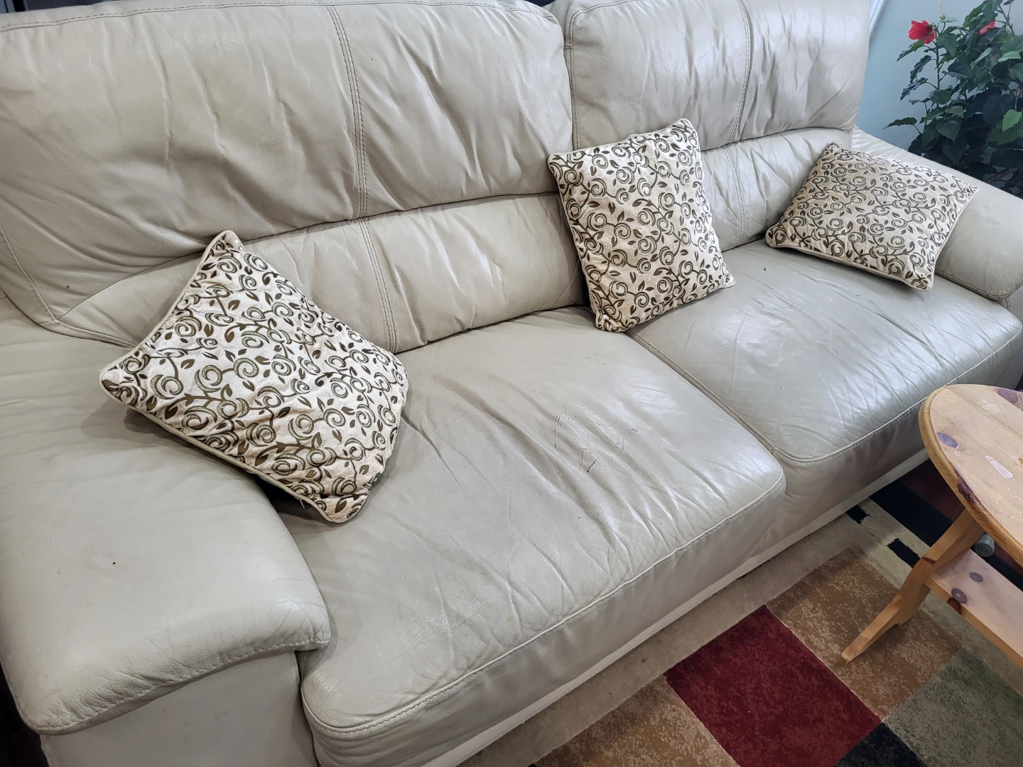 Cream Leather Sofa with Accent Pillows - photo 2