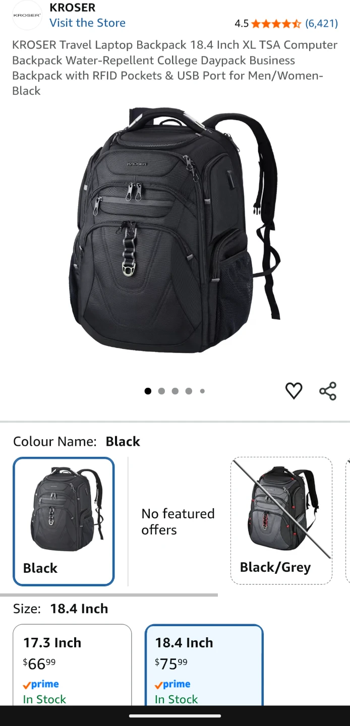 KROSER 18.4 Inch Laptop Backpack - Black