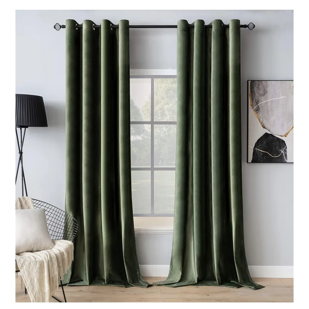Green Velvet Curtain Set with Rods