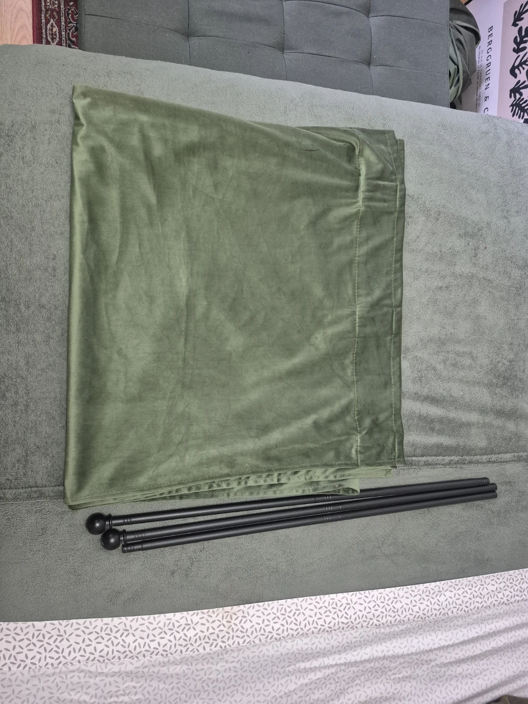 Green Velvet Curtain Set with Rods - photo 2