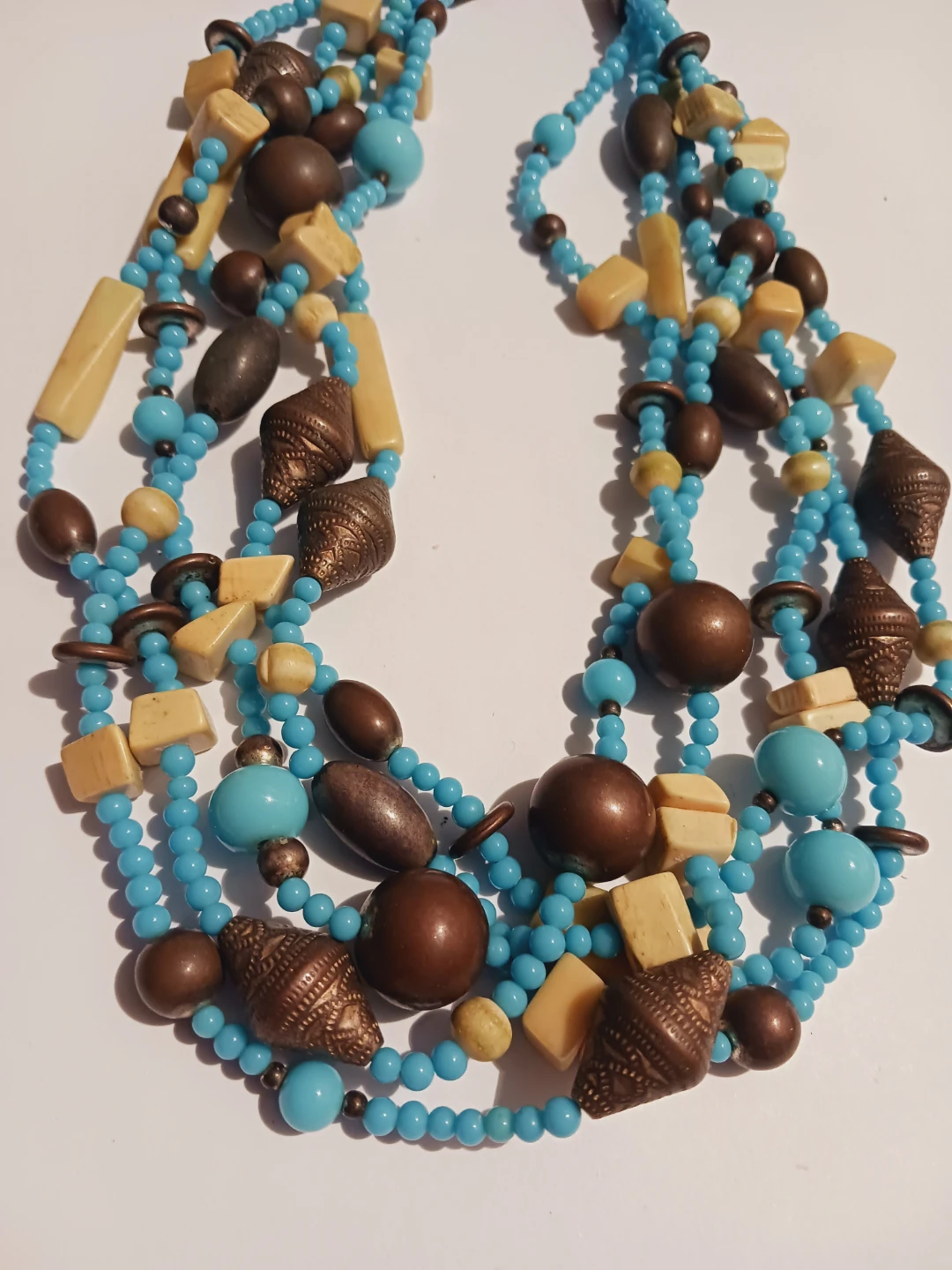 Multi Strand Layered Beaded Necklace Blue, Tan & Bronze