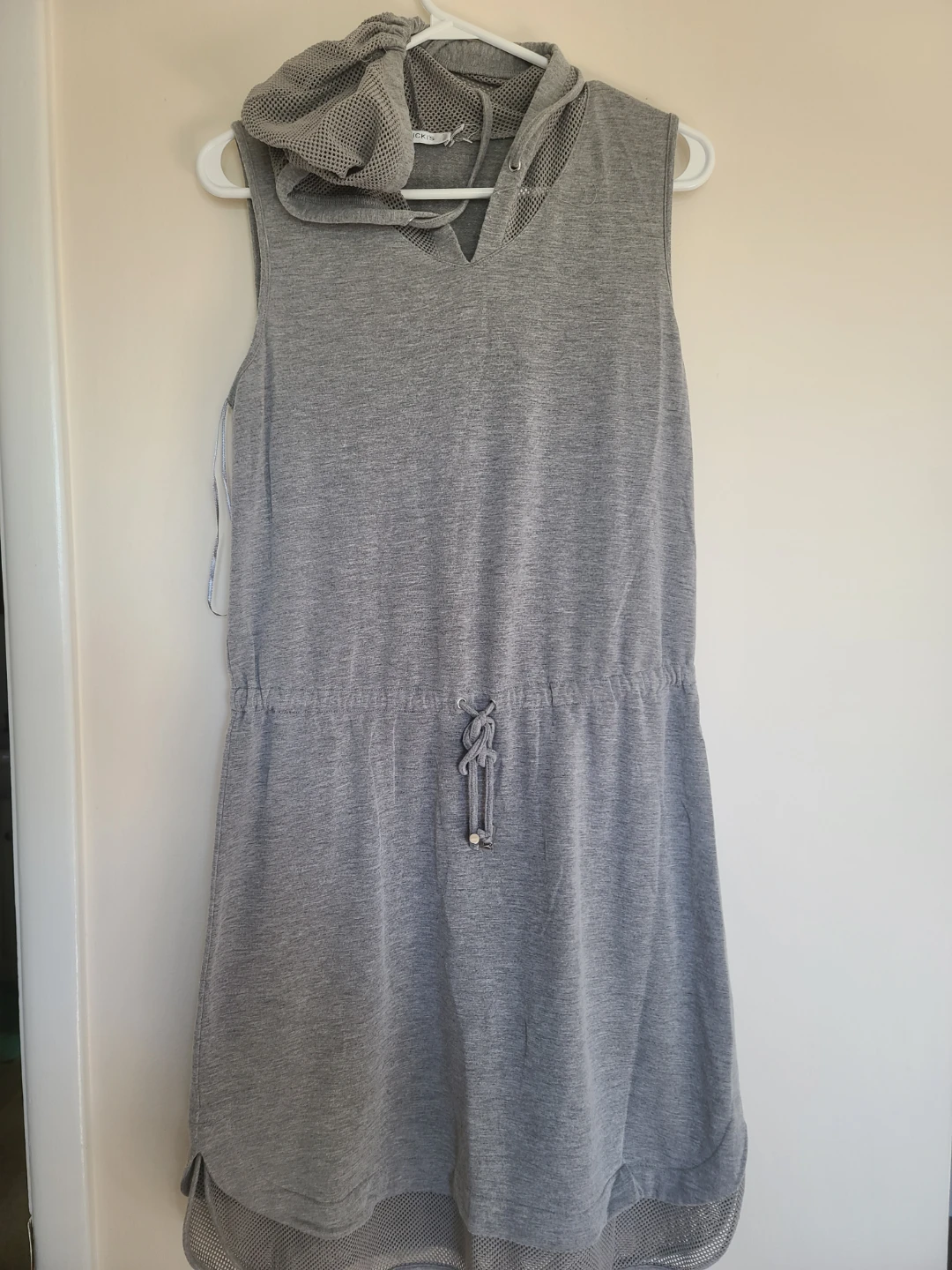 Grey Sleeveless Hooded Dress with Mesh Accents