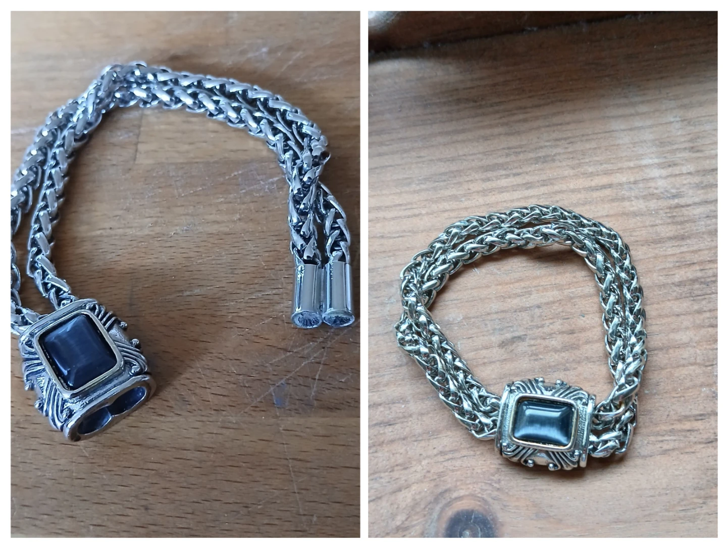 Mens Silver Tone Chain Bracelet with Black Stone