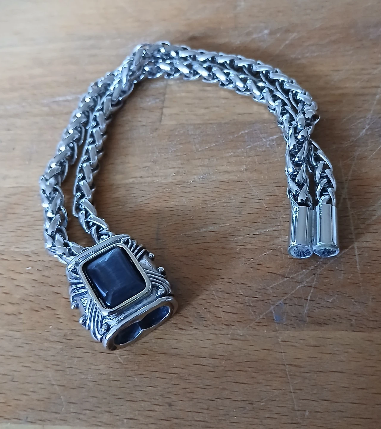 Mens Silver Tone Chain Bracelet with Black Stone - photo 3