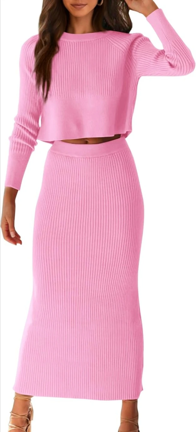 PrettyGarden Pink Ribbed Knit Crop Top & Midi Skirt Set - XL - photo 3