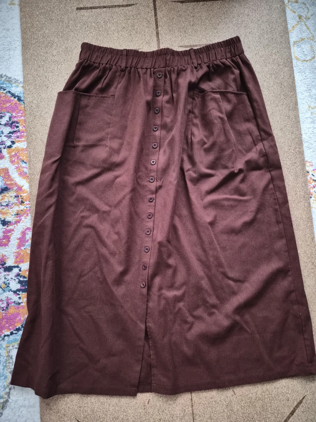 Brown Button-Front Midi Skirt with Pockets
