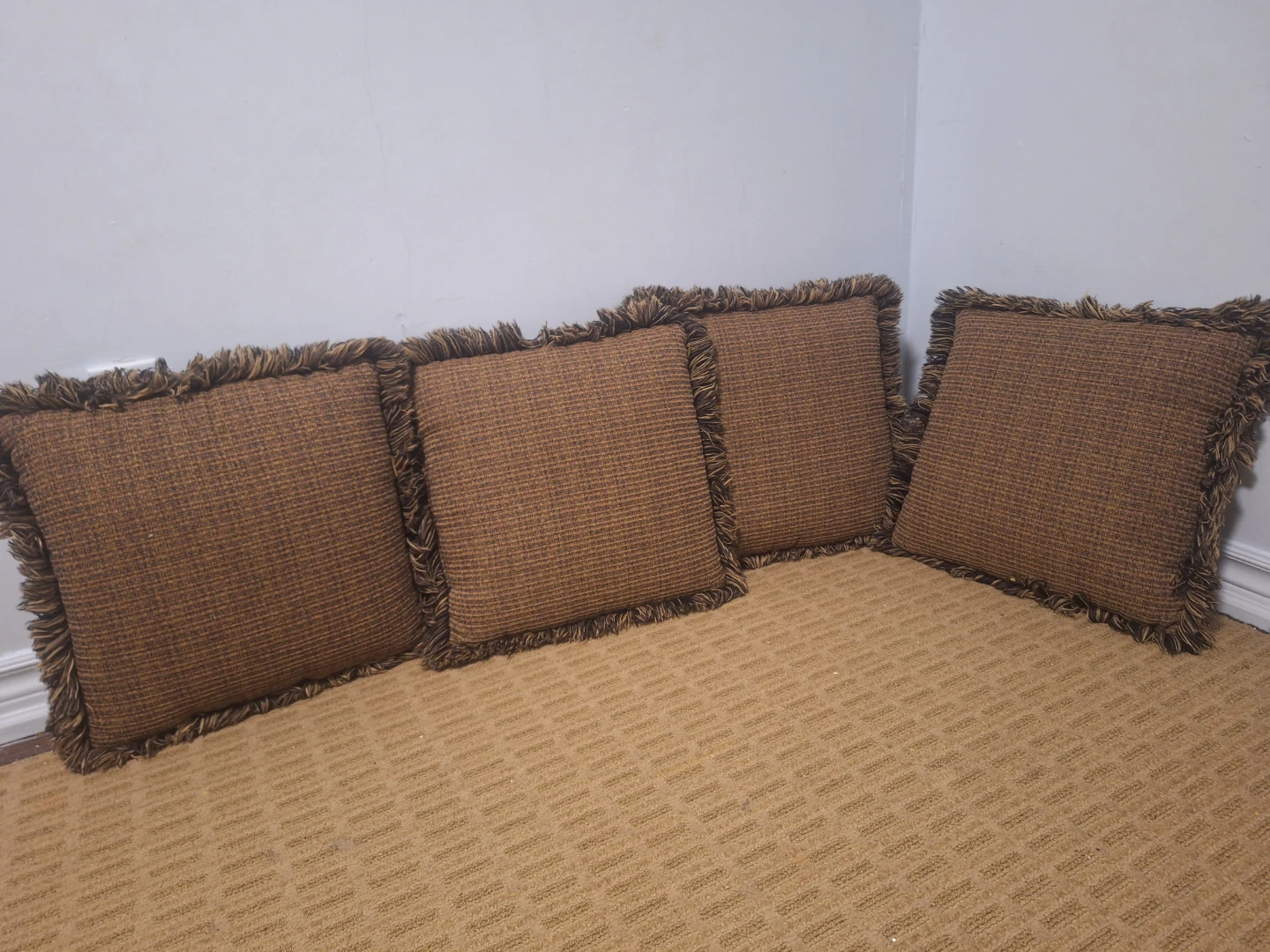 Set of 4 Brown Square Throw Pillows with Fringe
