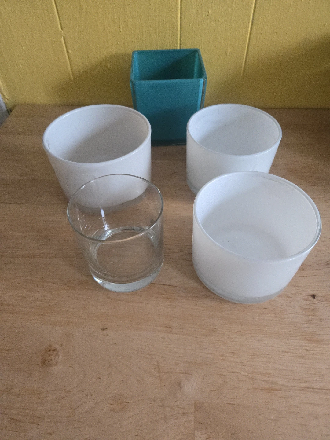 Set of 4 White Frosted Glass Candle Holders & Teal Blue Square