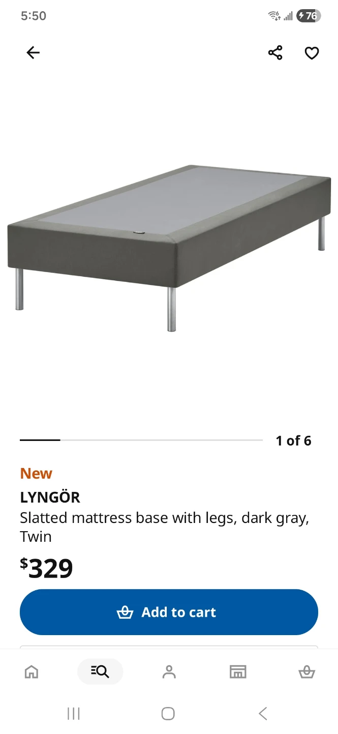 IKEA LYNGÖR Twin Slatted Mattress Base with Legs, Dark Gray