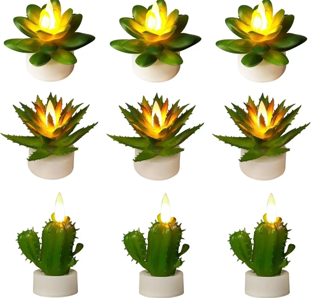 Set of 9 LED Succulent & Cactus Tealight Candles