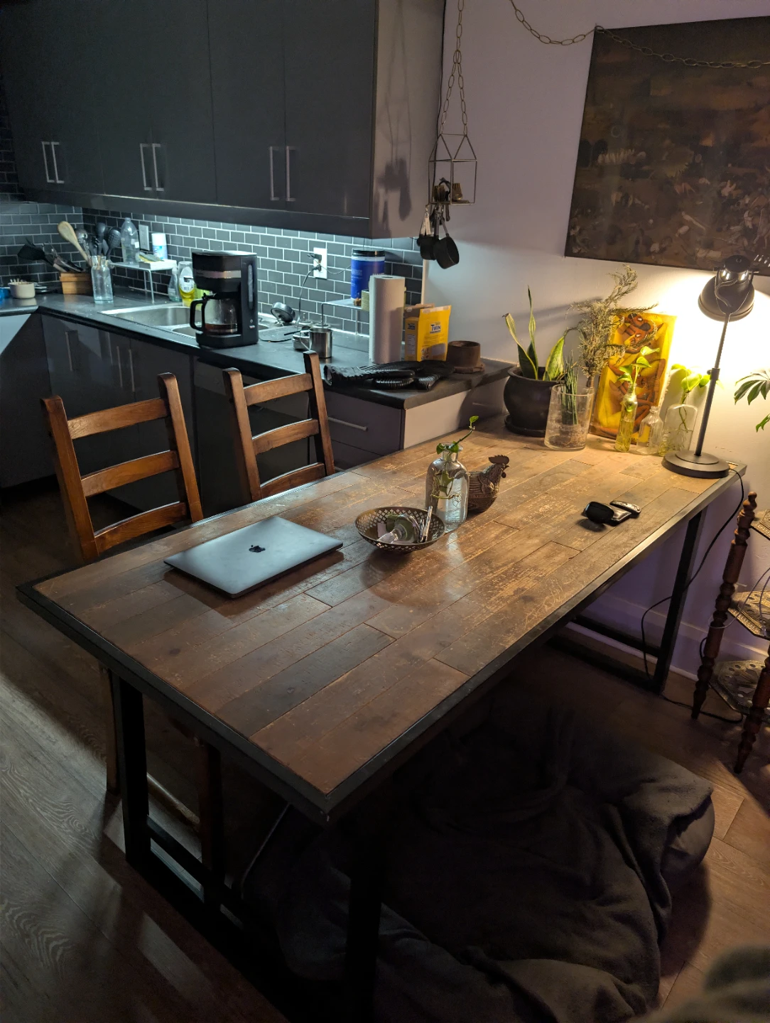Beautiful industrial wrought iron table with wood slats