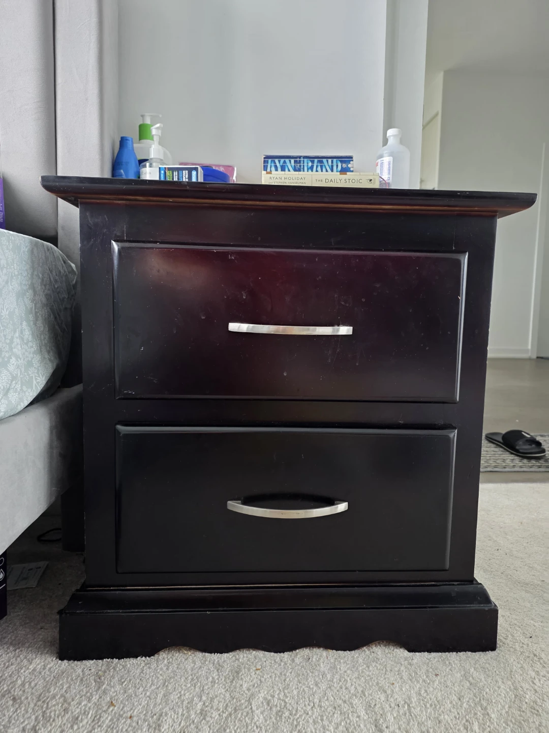 Dark Wood 2-Drawer Nightstand with storage