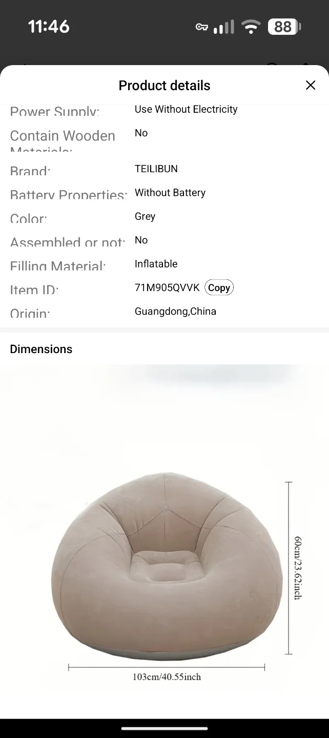 TEILIBUN Inflatable Bean Bag Chair - Grey