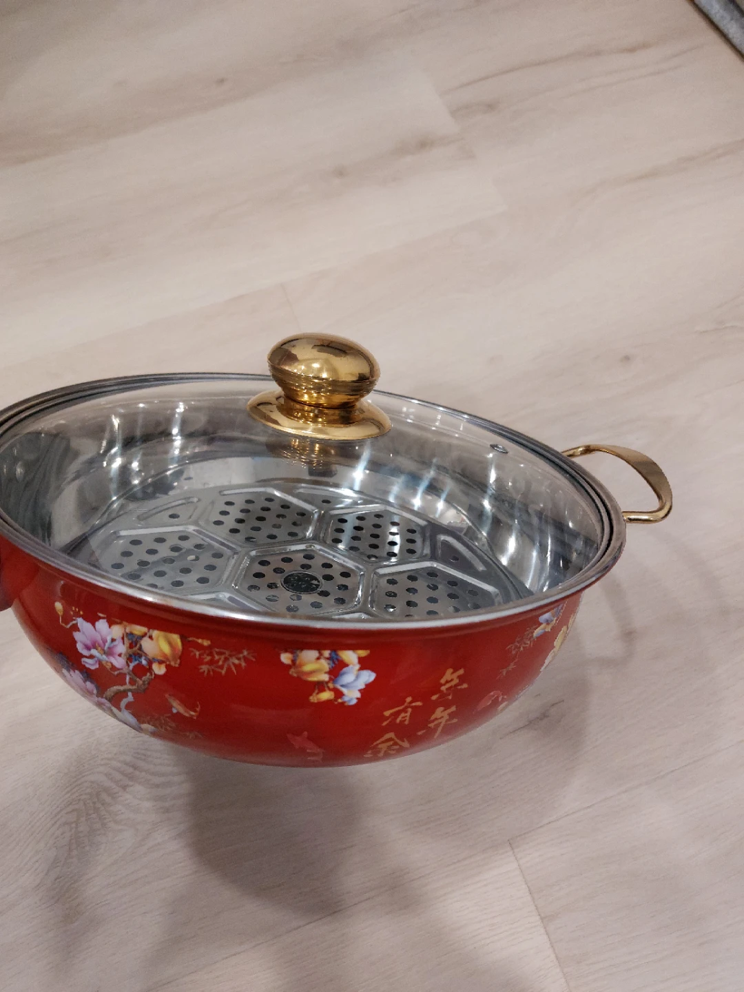 Red Steamer Pot with Floral Design