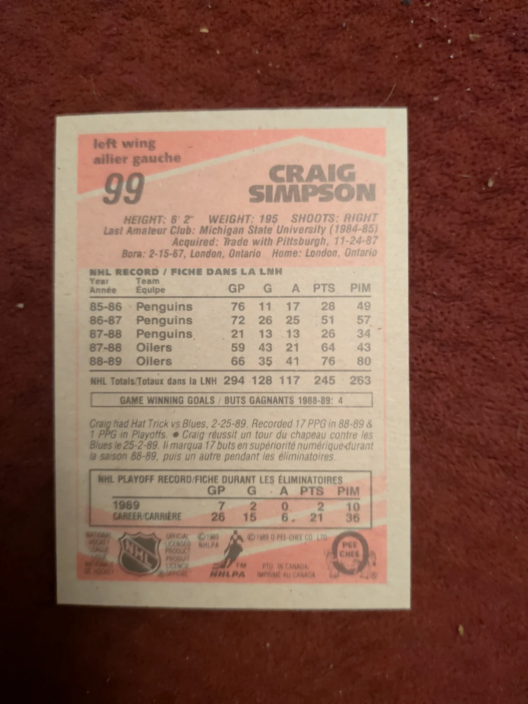 1989 O-Pee-Chee Craig Simpson #99 Edmonton Oilers Hockey Card - photo 2
