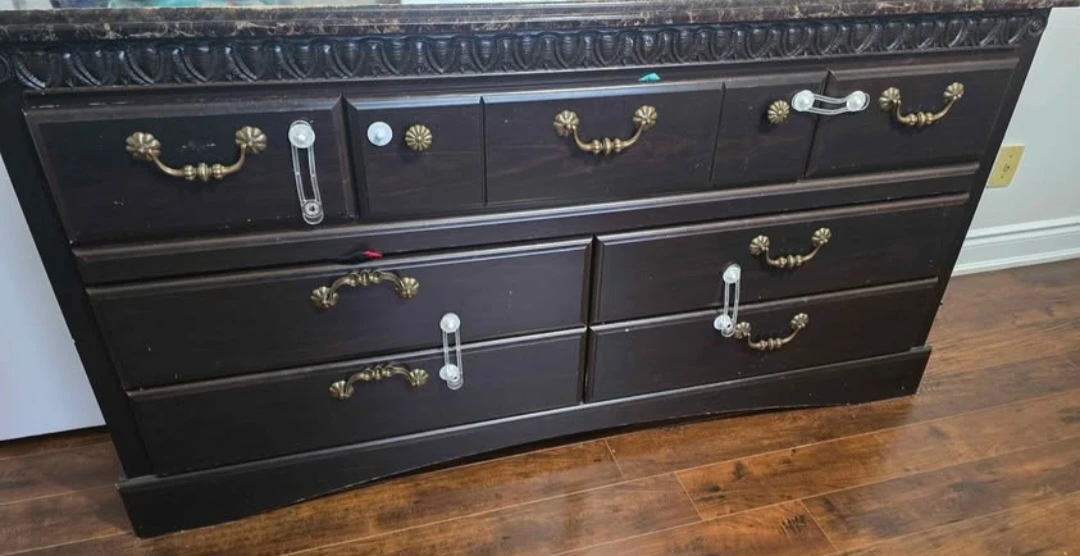 Dark Brown Dresser with ornate hardware
