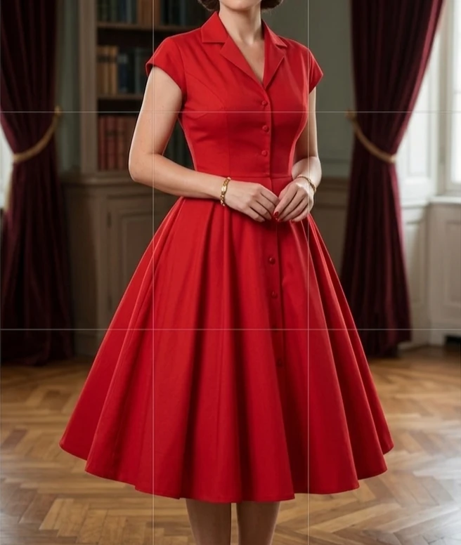 Women's Red Button-Up Fit and Flare Dress - Size L