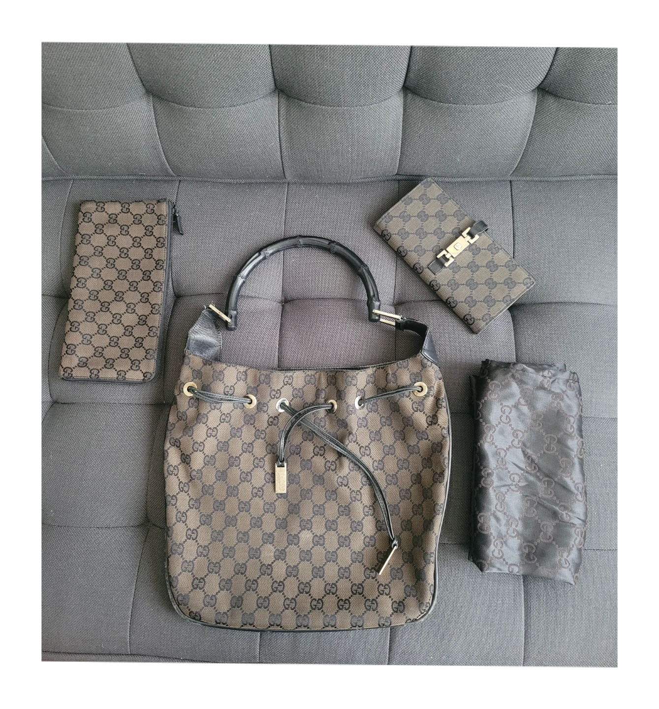 Gucci Monogram Bucket Bag with Matching Wallet and Pouch