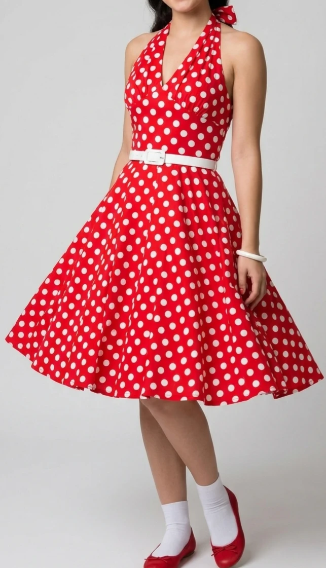 Red Polka Dot Halter Dress with White Belt