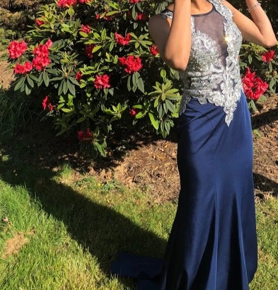 Navy Blue Formal Gown with Silver Embellishments