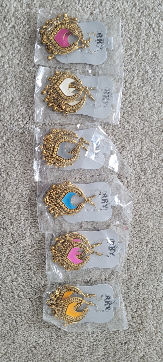 Set of 6 Gold Tone Dangle Earrings with Colourful Accents