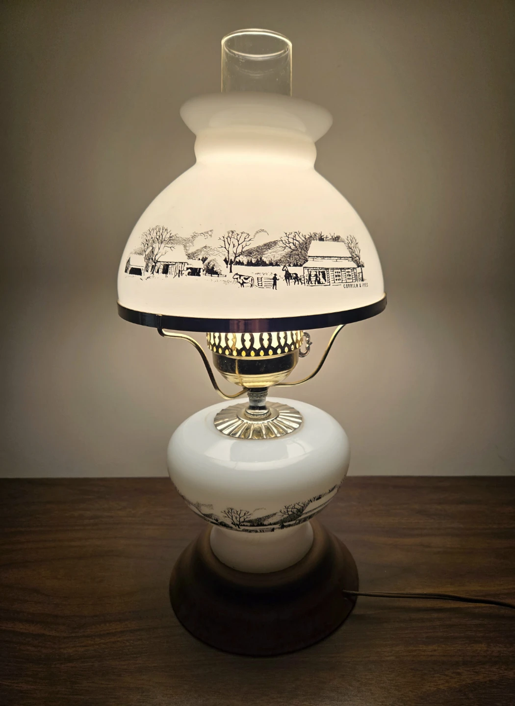 Vintage Currier & Ives Milk Glass Hurricane Lamp
