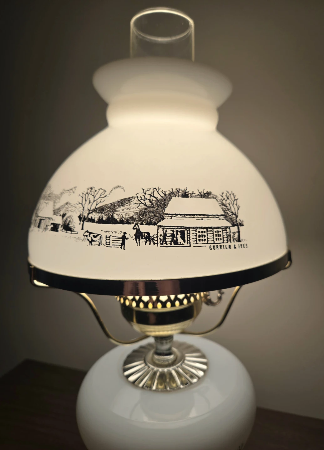 Vintage Currier & Ives Milk Glass Hurricane Lamp - photo 2
