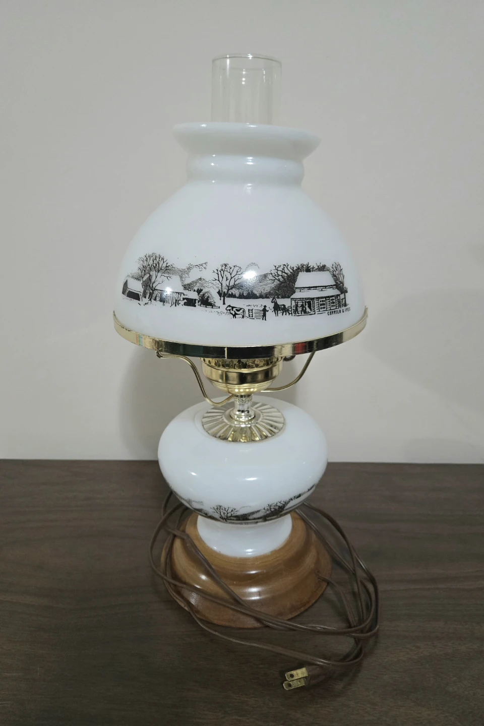 Vintage Currier & Ives Milk Glass Hurricane Lamp - photo 3