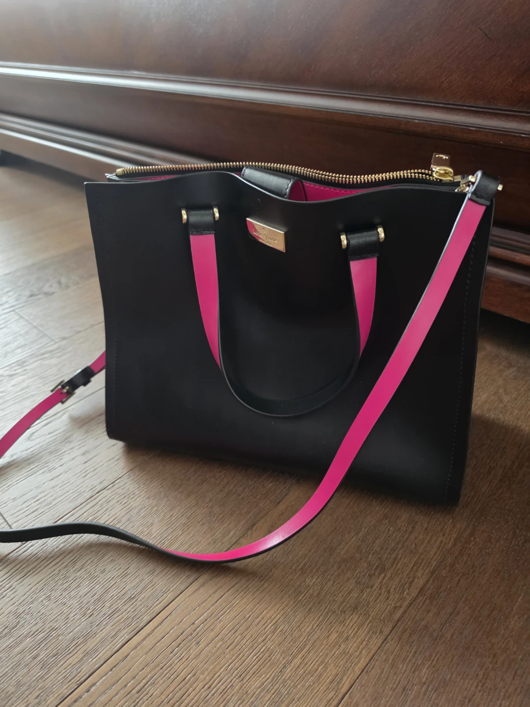 Kate Spade Black Leather Tote Bag with Pink Interior