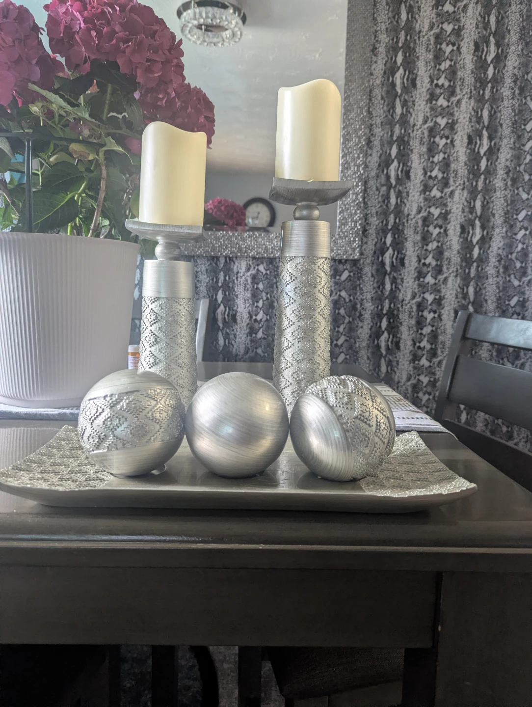 Silver Decorative Tray with Candlesticks and Orbs