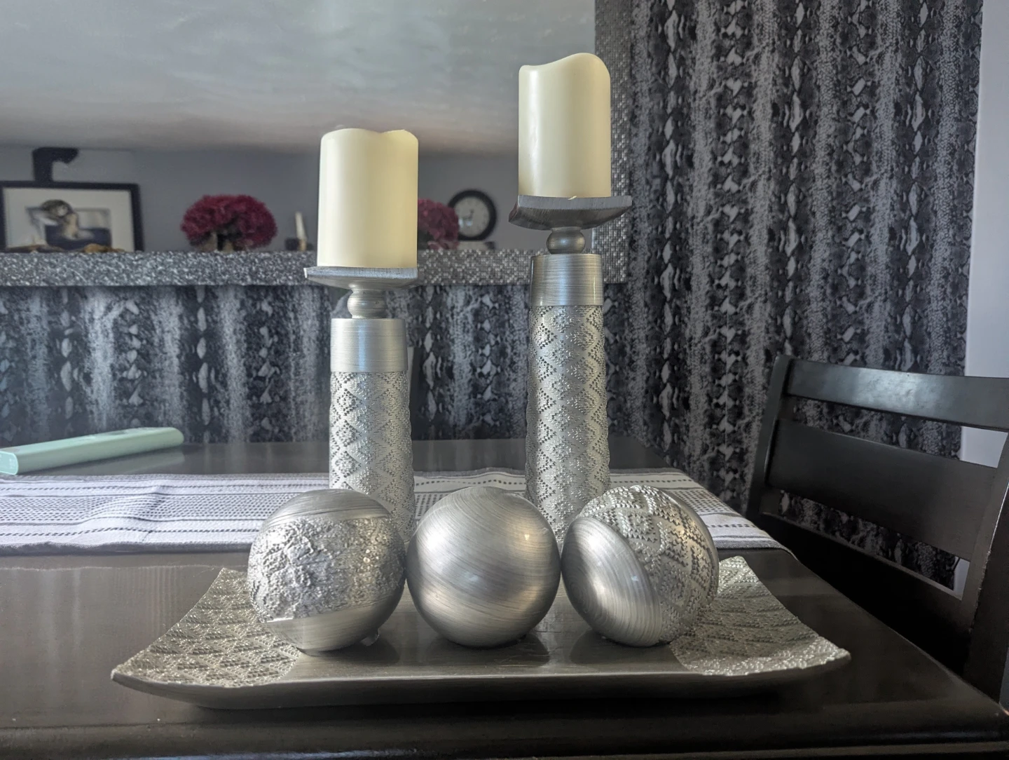 Silver Decorative Tray with Candlesticks and Orbs - photo 2